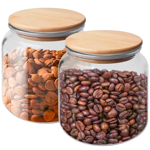 Vorratsgläser mit Deckel Luftdicht, 2 x 500ML Vorratsdosen Glas mit Bambus Deckel, Transparente Aufbewahrungsgläser Küche, Deko Küche Glasbehälter für Kaffee, Gewürze, Getreide