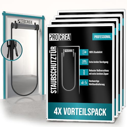 PROCREA® 4x Premium Staubschutztür mit Reißverschluss [Großer Zipper, Breite Türöffnung & Easy-Klettsystem] Extra starke Folien-Bautür und Staubschutzwand für 100% sicheren Staubschutz