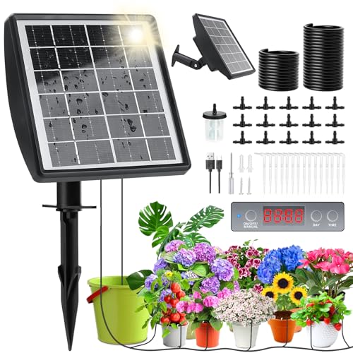 Solar Bewässerungssystem 2025, Automatische BewäSserung Zimmerpflanzen eingebauter Timer mit 15m Tropfschlauch, Tröpfchenbewässerung Solar für Kübelpflanzen Pflanzen Balkon Hochbeet Gewächshaus Garten