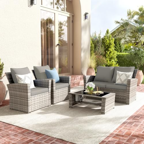 Amopatio Poly Rattan Balkonmöbel 4 Personen, Lounge Gartenmöbel Set mit Beistelltisch, 2er Sofa & 2 Sessel, Balkon Möbel Wetterfest mit Kissen, Gartenlounge für Garten, Terrasse, Outdoor, Grau