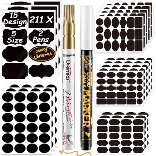 DZSEE® Tafeletiketten Selbstklebend 211stk * 2x Löschbar Kreidemarker, Etiketten Selbstklebend für Gläser, Tafel Aufkleber, Universal-Aufkleber für Küche Gewürzgläser. Patent 008542377-0002