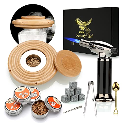 Cocktail Smoker Kit, Whisky Steine, Flambierbrenner, Vatertagsgeschenk, Old Fashioned Whiskey Smoker Drinks Kit, Cocktail Zubehör Für Getränke, Bourbon-Buche(Butan Nicht inbegriffen)