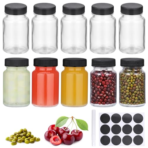 Hejo Kleine Shot Flaschen zum befüllen, 10 Stück Kleine Glasflaschen mit Breitem Mund, 60ml Mini Shot Glasflaschen mit Deckel, Mehrweg Mini-Flaschen Gläser für Saft, Ingwer, Schnaps (Schwarz Deckel)