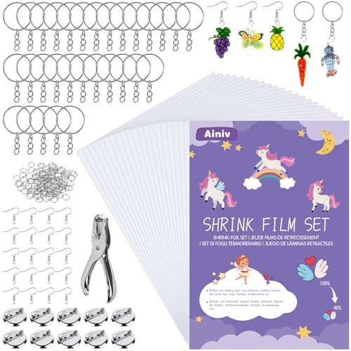 Ainiv 181 Stück Schrumpffolie Set, 20PCS Schrumpffolie zum Basteln, Inklusiv Schrumpfpapier(20 * 14.5cm), Schlüsselanhänger, Offener Schlaufe, Ohrhaken, Brosche, Locher, Schrumpffolien Set für Kinder