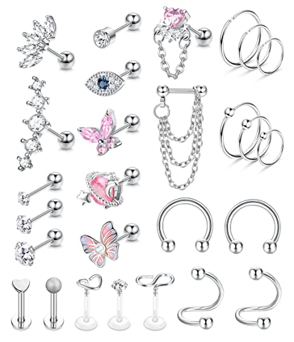 JeweBella 27 Stück 16G Chirurgenstahl Helix Piercing Knorpel Tragus Piercing Set für Damen Mädchen CZ Labret Piercing Knorpelohrstecker Nasenpiercing Conch Piercing Forward Helix Piercing Schmuck Set