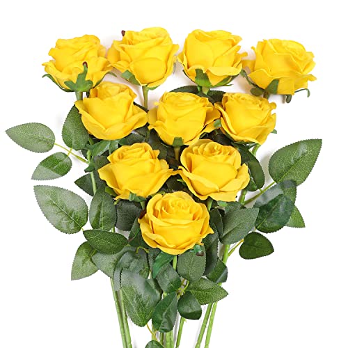JUSTOYOU 10 PCS Gelbe Rosen Künstlich Rose Kunstseidenblumen Rosen mit Stielen DIY Hochzeit Blumensträuße Blumenstrauß Home Office Hochzeitsarrangements(Gelb)