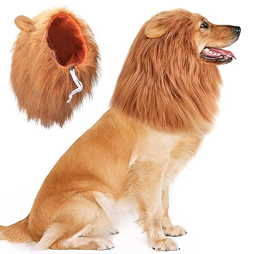 Vivifying Hundekostüm Löwenmähne Hund, Verstellbar Hunde Halloween Kostüm Perücke mit Ohren für Mittlere und Große Hunde (Braun)