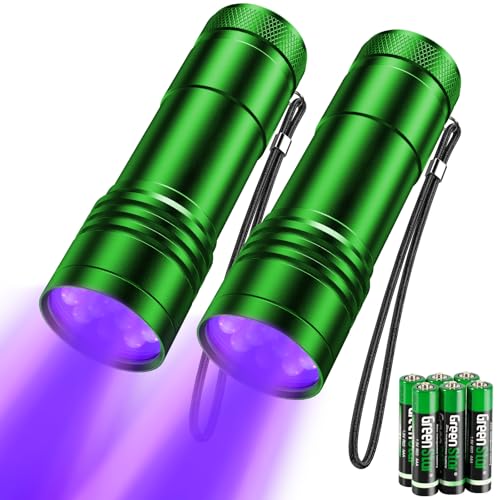 kizplays UV Taschenlampe 2 Stück Mini UV Schwarzlicht Taschenlampe mit 12 LEDs, Ultraviolettes Licht mit 395nm für Geocaching, Heimtierurindetektoren, Haustiere Urin-Detektor usw. (Grün)