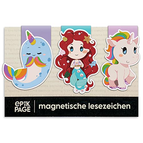 Magnetische Lesezeichen für Mädchen: Einhorn Pferd, Meerjungfrau, Narwal – Kleine Geschenke für Kinder, Schüler – Hochwertige Magnetlesezeichen Mitbringsel – Geschenk Einschulung Mädchen – 3er-Set