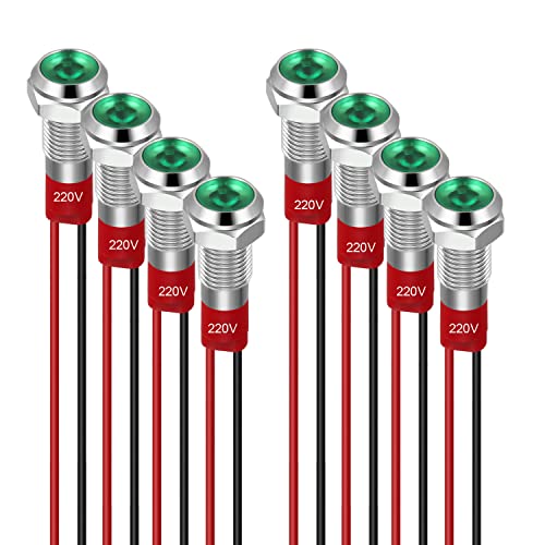 GUUZI 8pcs 6mm Voyant LED 220-230V Signal Lumineux étanche Panneau Métallique Voyant LED Montage sur Panneau Tête Plate Avec Fils Coque Argentée (Vert)