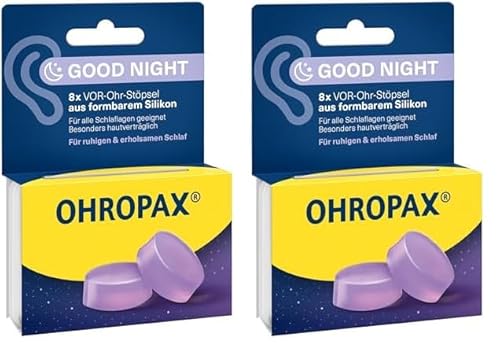 OHROPAX Good Night Ohrstöpsel – VOR-Ohr-Stöpsel aus formbarem Silikon – für alle Ohren und alle Schlafpositionen geeignet – Schalldämmwert SNR 23 dB – für einen ruhigen und erholsamen Schlaf – 8 Stück