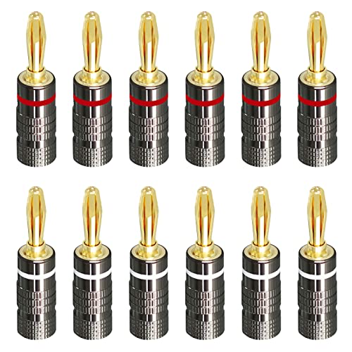 Sequpr Bananenstecker 24k Vergoldet Banana Steckverbinder Schraubbar Bananenstecker 4mm für Lautsprecherkabel Verstärker AV Receiver 12 Stück (6 Paare)