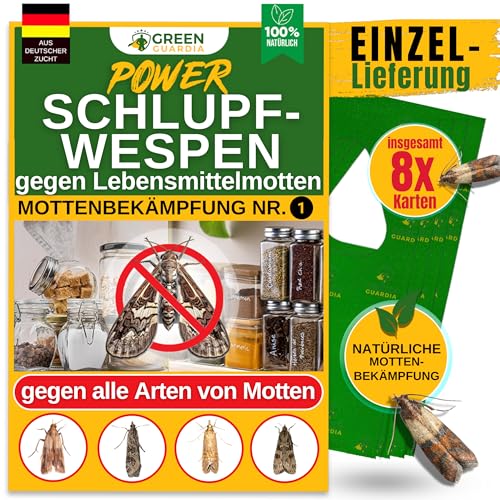 GREEN GUARDIA Schlupfwespen gegen Lebensmittelmotten - 8 Karten à 1 Lieferung - Effektiv & unweltfreundlich Lebensmittel Motten bekämpfen - Alternative zur Mottenfalle, Mottenspray, Pheromonfalle