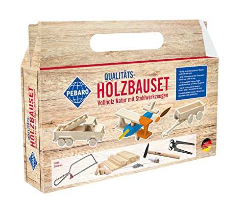 Pebaro 465 Holzbauset im Tragegriff-Karton, 21 Teile, praktische Kofferverpackung, für kreative Baumeister, inkl. Vollholz Naturstäben und Werkzeug, Basteln, Geschenkidee für Kinder