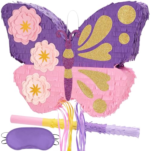 WERNNSAI Schmetterlings Piñata – Geburtstagsparty Zubehör Piñata mit Stock und Augenbinde für Mädchen Kinder Piñata mit Zugschnur Familienspiele Klassenzimmer Geburtstagsparty Dekoration