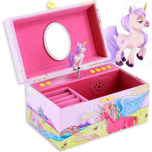 15 LIEDER: Musikalisches Schmuckkästchen für Kinder - Einhorn Schmuckkasten für Mädchen - Kinder-Spieluhr mit Melodie, Schmuckaufbewahrung, Schmuckschatulle, Schatztruhe, Einhorn Geschenke für Mädchen