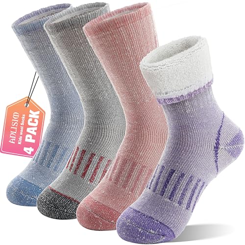Merino Wandersocken für Kinder Mädchen Jungen Wolle Socken Dicke Thermosocken Warme Sportsocken Trekking Wintersocken Weihnachtssocken Geschenke Kindersocken 4 Paare(Lila/Rosa/Blau/Grau,12-15 Jahre)