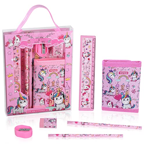 Vicloon Einhorn Schreibwaren Set, Einhorn Schreibwaren Geschenkset für Mädchen, Radiergummi, Anspitzer, Brieftasche, Lineal, Bleistift, Kinder Mitgebsel, Geschenk Set für Mädchen und Junge(Einhorn