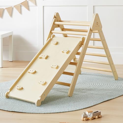 Tiny Land 2 in 1 Kletterdreieck - Naturholz, Dreieck Klettergerüst, Montessori-Kletterspielzeug für Kleinkinder, Hölzernes Indoor-Kletterset für 2-6 Jahre