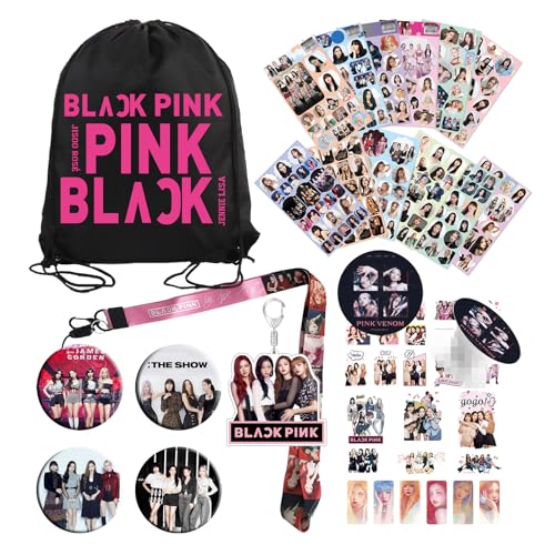TURYYUER Blackpink Fanartikel: Kpop Merch Set mit Drawstring Bag (40 x 32 cm), Stickern, Lanyard, Schlüsselanhänger, Tattoo-Stickern, Handyhalter & Badge – Perfekt für Blackpink Fans & Kpop Album Lieb