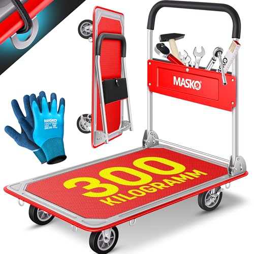 MASKO® Plattformwagen Transportwagen Lagerwagen Klappbar Inkl. Arbeitshandschuhe | Feststellbremse Transporthilfe | Mit 6 Sicherungsösen | 360° Lenkrollen | Paketwagen Klappwagen (Rot, 300kg)