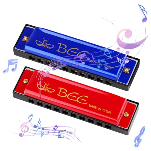 2 Stück Mundharmonika, 10 Löcher 20 Töne Blues Mundharmonika Tonart C Diatonische Mundharmonika Perfektes Musikgeschenk für Kinder Erwachsene Anfänger und Interpreten (Rot Blau)