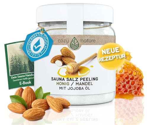 CozyNature® Sauna Salz Peeling Honig Mandel 500 g | Für die Sauna, Dusche und Dampfbad | Meersalz Jojobaöl Vitamin E Body Scrub | Honig-Mandel, 500 Gramm | inkl. Gratis Sauna E-Book