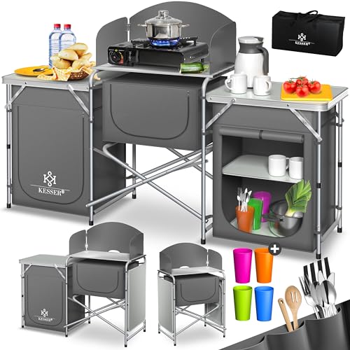 KESSER® Campingküche | Ink. Tragetasche | Campingschrank | mit Aluminiumgestell | Reiseküche | Küchenbox | Zeltschrank | Outdoor Camping Küche | inkl. Becherset | Modelle wählbar | Grau