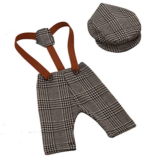 Toyvian Baby Fotografie Outfits Plaid Hosenträger Hosen Und Peaked Cap Set Neugeborenen Kostüm Anzug für Mädchen Jungen Foto Requisiten Babyparty Geschenk