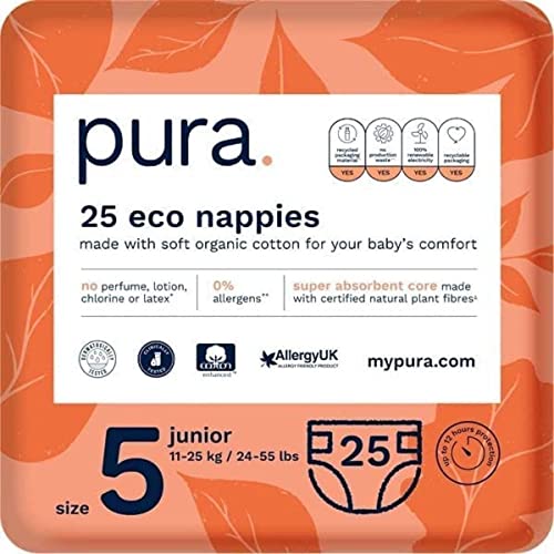 Pura Öko-Windeln Größe 5 (Junior 11-25 kg), 25 Windeln (1 Packung), mit EU Ecolabel Zertifiziert, für Empfindliche Haut, aus Baumwolle, Geruchsfrei, Hypoallergen, 12 Stunden Auslaufschutz