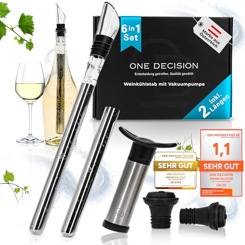 One Decision deluxe Weinkühlstab 6in1 Set | inkl 2 Längen Edelstahl | Weinkühler Stab+Vakuumpumpe+Ausgießer | Geschenkideen Frauen, Geschenke Männer