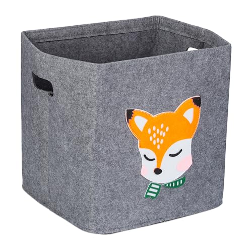 Relaxdays Aufbewahrungsbox Fuchs, Stoffbox für Kinder, aus Filz, faltbar, Spielzeugbox, HxBxT: 33 x 33 x 33 cm, grau