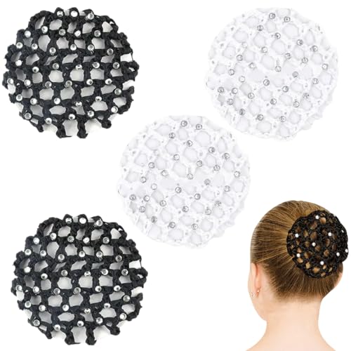 AFCJLTO 4 Stück Net for Hair,Ballett Duttnetz,Haarnetze Frisuren,Hair Net,Dutt Netz Haarnetz,Dutt Ballett Mädchen,Dutt Glitzer,Geeignet für Frauen und Mädchen（schwarz, weiß）