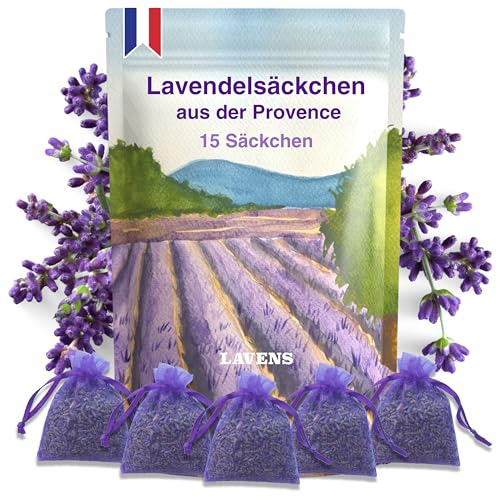 LAVENS | 15 Lavendelsäckchen je 8g | Französische Provence | 120g | Mottenschutz für Kleiderschrank, Getrockneter Lavendel, Duftsäckchen, Auto Duft, Raumduft, Lavendelduft, Lavendelbeutel