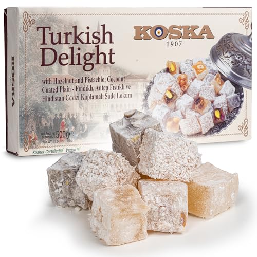 Lokum Haselnuss,Pistazien, Kokos, 500g I Türkischer Honig I Türkische Süßigkeit 500g I Geschenkgröße | Vegan | Halal | Koscher | Glutenfrei I Turkish Delight I Aromali Lokum I Ekstra Fistikli Lokum