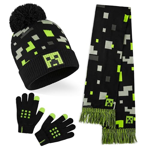 Minecraft Mütze Jungen, Schal und Handschuhe Kinder Sets, Creeper Strickmütze Winter Mütze Schal Handschuhe Set Kinder - Geschenke für Jungs (Schwarz/Grün, 4-7 Jahre)