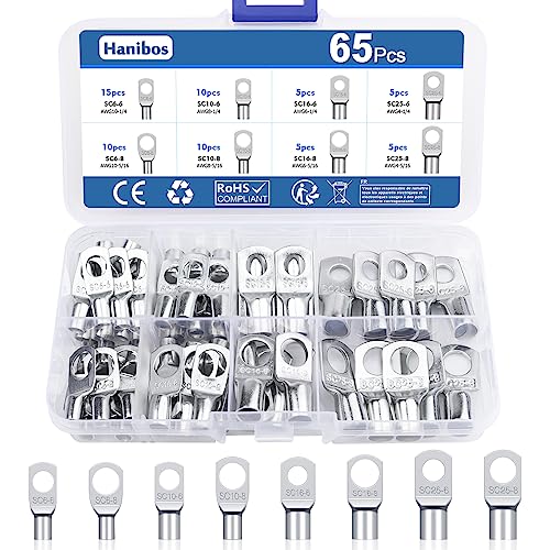 65 Stück Rohrkabelschuh Set, Hanibos Kabelschuhe 6mm²10mm²16mm²25mm² Ringkabelschuhe M6 M8 Verzinnte Kupferkabelschuhe Quetschverbinder Set für Batteriekabel Kfz Verteilerkästen