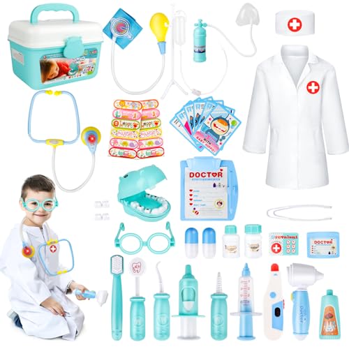 deAO deAOKinder-Rollenspielset für Zahnärzte, Chirurgen und Tierärzte, 30 Teile mit Licht und Ton, einschließlich elektronischem Stethoskop, Laborkappe und medizinischen Spielgeräten (Blau