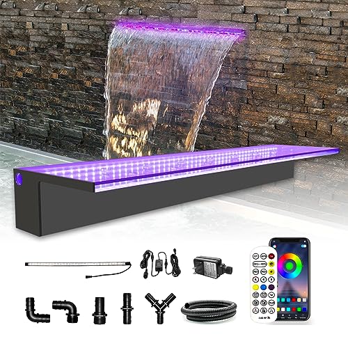 LONGRUN Wasserfall Überlauf APP Kontrolle Mehrfarbig LED-Licht Draussen Pool Brunnen, Acryl Wasser Überlauf Koi Teich Wasserfälle Brunnen Kit für Garten Terrasse Schwimmbad Dekoration -90 cm