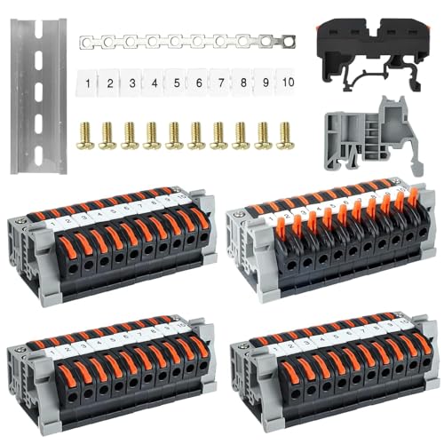 Reihenklemmen Hutschiene, 40Pcs Hutschienen Klemmen, Verbindungsklemmen, Klemmleiste Kit mit Digitale Markierungsstreifen, Schiene, Schraube, feste Basis, Parallelbarren für Feste Kabel
