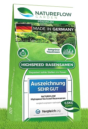 Rasen Nachsaat 0,5kg - Grassamen TEST SEHR GUT - Rasensamen schnellkeimend aus Deutschland für 20qm Rasen - Zuverlässige Rasennachsaat schnellkeimend - Rasensaat zur Reparatur für Ihren Traumrasen