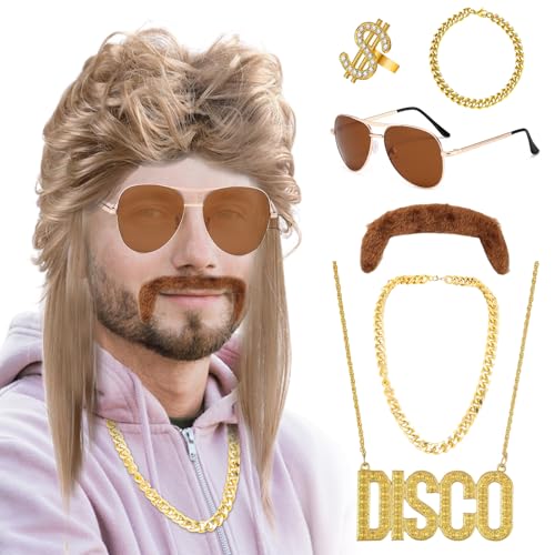 Hellbraun Perücke Herren 7er Set, Perücke 70er 80er Männer, Vintage Lange Cosplay-Perücken für Männer Karneval oder Partys