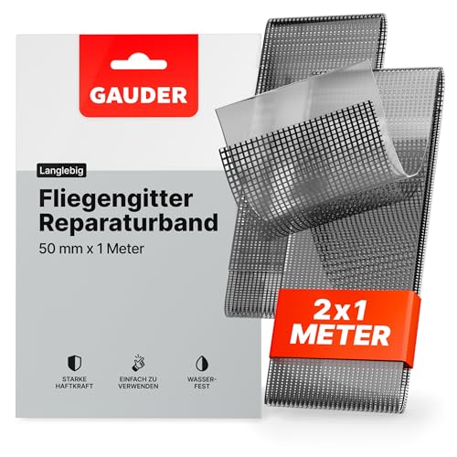 GAUDER Fliegengitter Reparatur Klebeband (50 mm x 1 m) | 2x Insektenschutzgitter Reparatur Set | Fliegengitter Tür und Fenster