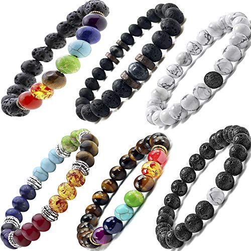 Schwarzes Lavastein-7-Chakra-Armband, 6 Stück, gemischt, 8 mm, Yin-Yang-Steinperlen, widerstandsfähiger natürlicher Edelstein, Edelsteinöl-Diffusor, Yoga-Meditationsperlen, Armband für Männer, Frauen