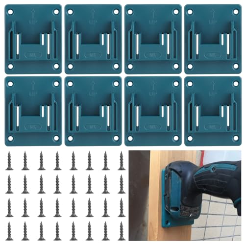APACALI 8 Stück Wandhalterung Werkzeughalter für makita 18V, Bohren Elektrowerkzeuge Bohrerhalter, Batteriehalter mit 32 Schrauben, Maschinenhalter Werkstatt Speicherung, Blau, 14.4-18V