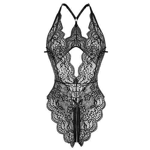 Dessous Damen Sexy Unterwäsche für Frau Outfit Body Set Frauen Lingerie Nachtwäsche Slip Ouvert Sehr Sexy Babydoll Teddy Bodysuit Tiefer V-Ausschnitt Erotische Negligee Halfter (S, Schwarz)