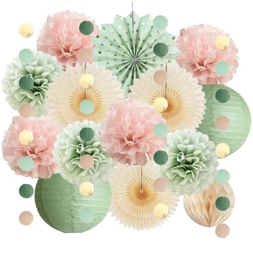 Rosa Salbeigrün Party Deko Pompons Salbeigrün Rosa Beige Papierfächer Papierlaternen Salbei Geburtstag Mädchen Frau Deko mit Kreisgirlande für Babyparty Brautdusche Geburtstagdeko Hochzeit