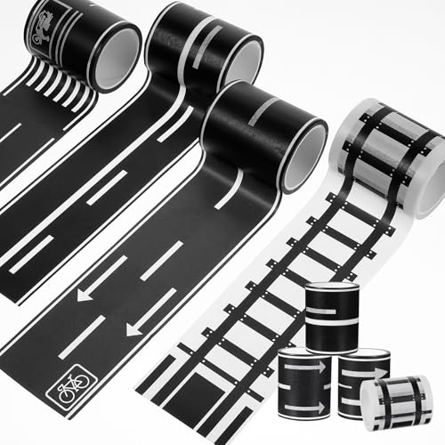 JIEYAO 4 Rollen Autobahn Eisenbahnen Straßen Klebeband,Schwarzes & Weißes Verkehr Washi Tape Dekorative Selbstklebendes Züge Straßenband Verkehrszeichen Aufkleber für Kinder Lernen Kunst DIY Handwerk