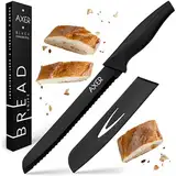 Axer Schwarz Brotmesser Wellenschliff - Brot Messer mit Schutzhülle - Brötchenmesser Wellenschliff 33 cm lang - Edelstahl Küchenmesser Scharf - Bread Knife