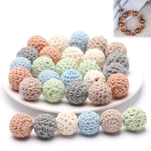 Gehäkelt Holzperlen, 30 Stück 16mm Holz Perlen Gehäkelt bunte mit Loch zum Auffädeln, mehrfarbige gehäkelte Holzperlen, Gehäkelt Holzperlen Crocheted Wooden Beads Handgefertigt Natur Holzkugeln